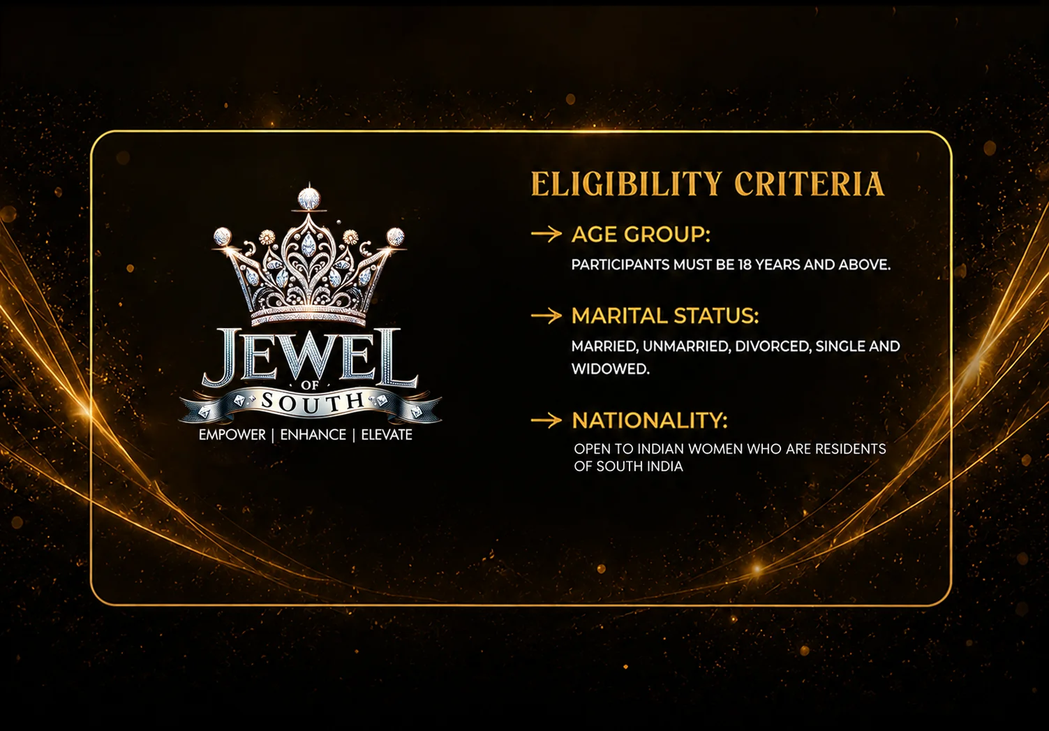 Eligibility Criteria — Age 18 and above, all marital statuses, open to Indian women residents of South India